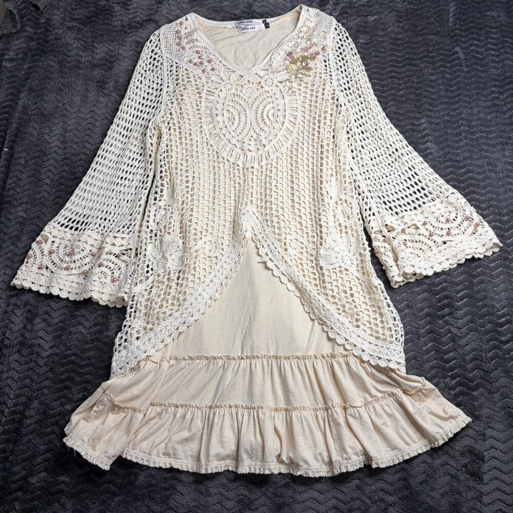 Origami by Vivien Boho Lace Cotton Tunic Dress Crochet Size S/M